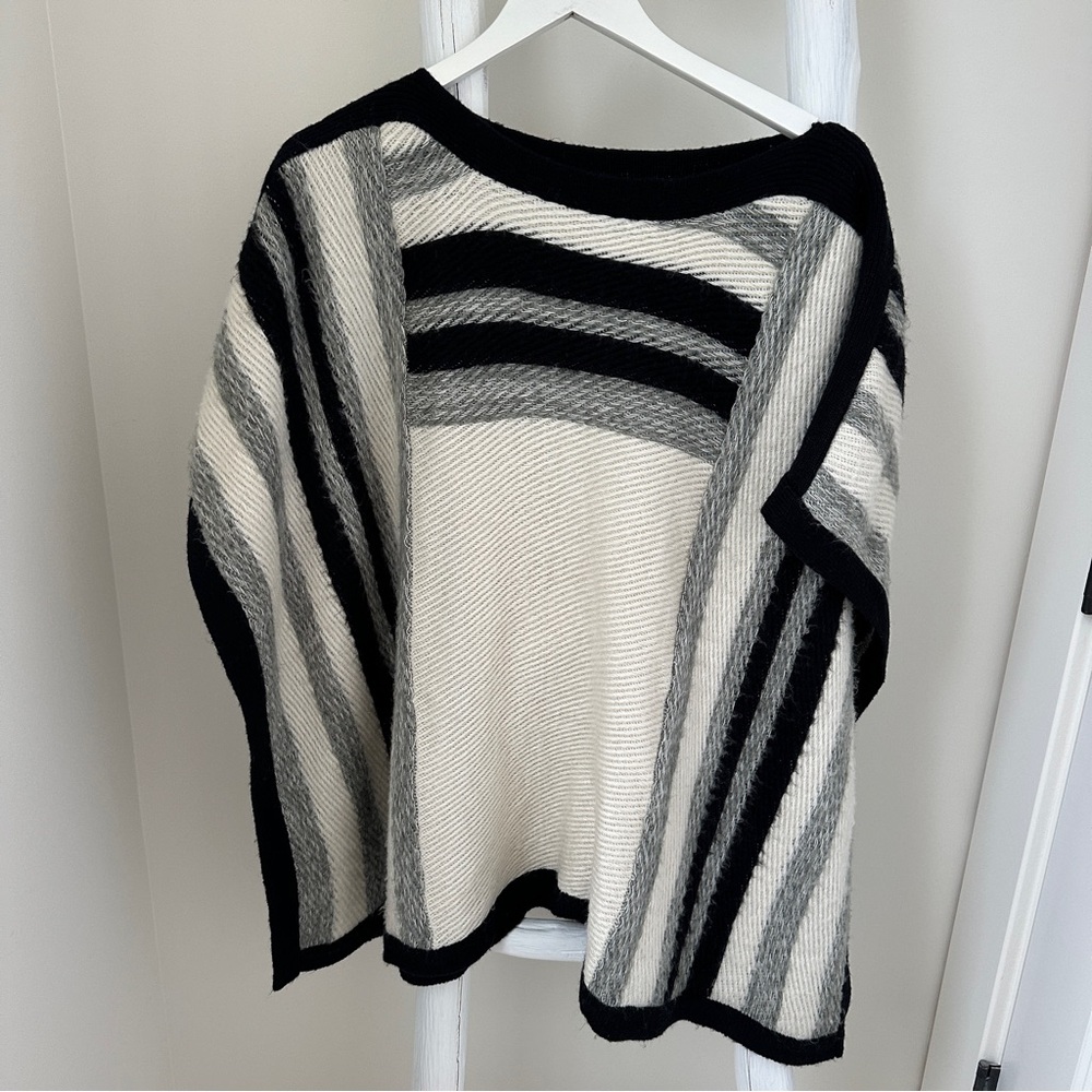 Steve Madden Knit Cream Black and Grey Striped Poncho OS